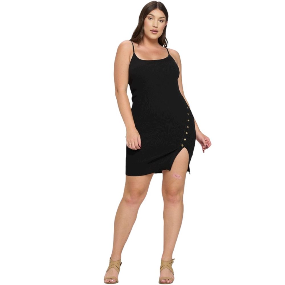 talent PLUS Plus Size Ribbed Button Detail Bodycon Black Dress